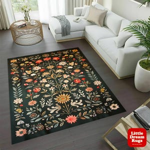 Floral Area Rug: Dark Cottagecore Wildflower Carpet