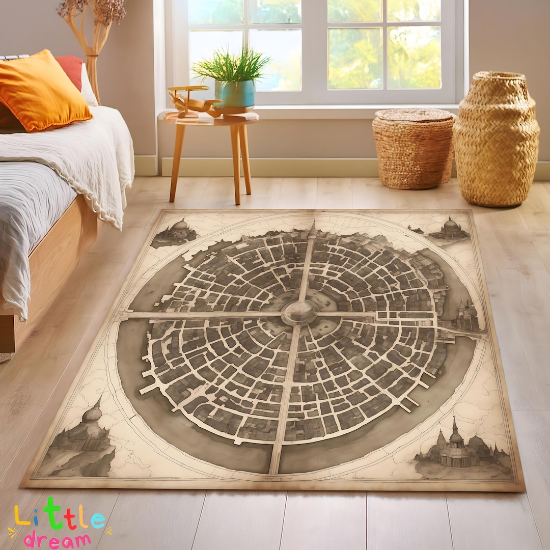 Vintage Circular City Map Rug, Sepia Tone Town Carpet, Unique Home ...