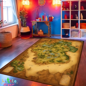 vintage carte fantastique tapis, tapis du monde médiéval, RPG décor, salle de jeux, tapis carte du vieux monde, aménagement paysager fantastique, accent unique pour la maison
