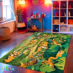 Alfombra colorida de jungla con dibujos animados, alfombra de tigre juguetón, decoración para habitación infantil, alfombra de animales de la jungla con divertido estampado de tigre, decoración para habitación infantil