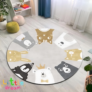 Alfombra redonda con adorables caras de animales, diseño de dibujos animados, decoración única, alfombra circular con adorables cabezas de animales, decoración divertida para habitación infantil.