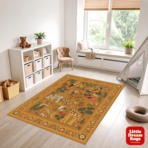 Jungle Safari Animal Kids Rug: Mustard Yellow Nursery Playroom Decor