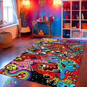 Alfombra psicodélica vibrante con dibujos animados, alfombra colorida con garabatos, decoración única para el hogar, alfombra con arte psicodélico, diseño psicodélico con garabatos.