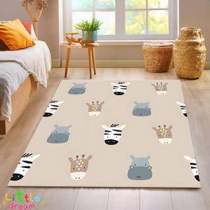 Bonita alfombra de safari con caras de dibujos animados, decoración infantil moderna, sala de juegos, alfombra con caras de animales, alfombra con cebra, hipopótamo y jirafa.