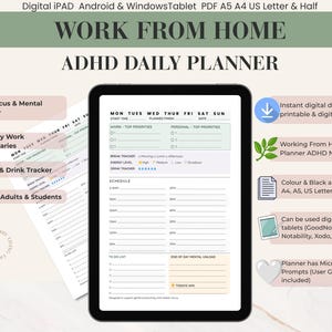 May include: A digital ADHD daily planner displayed on a tablet screen, featuring sections for work and personal priorities, a schedule from 6 AM to 9 PM, a break tracker, energy level indicators, a drink tracker, a to-do list, and an end-of-day mental unload.