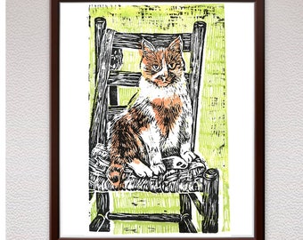 Cat on Chair with Green Wall, 3 Color Ink Linocut Print, Block Print, Mother's Day Gift, Gift, For Her, Relief Art Print, Birthday Gift