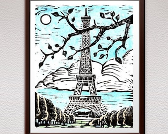 Eiffel Tower, Paris, Wall Art, Linocut Print, Block Print, Relief Art Print, Linoleum Print, Wood Block, Mother's Day Gift, Birthday Gift