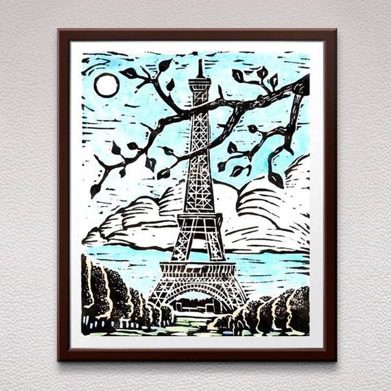 Eiffel Tower, Paris, Wall Art, Linocut Print, Block Print, Relief