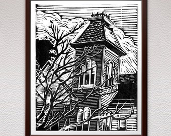 Victorian House, Linocut, Wood Block Print, Relief Art Print, Lino Cut Print, Linoleum Print, Wall Art, Christmas Gift, Birthday Gift, Gift