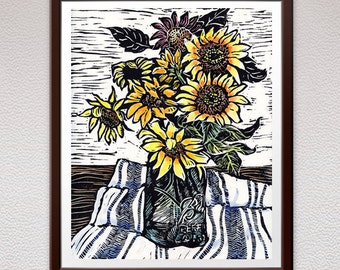 Sunflowers, Wall Art, Linocut Print, Block Print, Relief Art Print, Lino Cut Print, Mother's Day Gift, Birthday Gift, For Her
