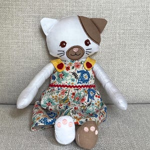 Handmade Calico Cat Doll | Soft Fabric Cat in Floral Dress | Heirloom Quality Stuffed Animal | Gift for Cat Lovers | Nursery Decor | Lovie