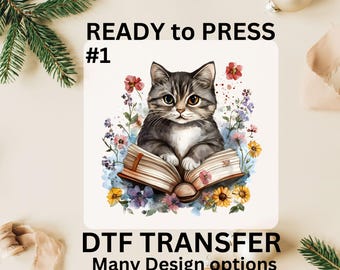 Cat Reading Book DTF Transfer, Cat Lovers Iron-on Heat Print