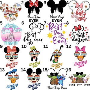 May include: A set of 16 colorful digital designs featuring various Disney characters wearing sunglasses with the text "Best Day Ever".