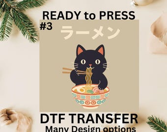 Kawaii Black Cat DTF Transfer, Cat Eating Ramen Noodle Ready To Press DTF, Heat Press