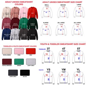 May include: A detailed chart showing adult unisex and youth sweatshirt colours and sizes. The adult section displays various colours, including red, pink, and black. The size chart includes measurements for different sizes, from small to 3XL.