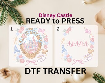 Disney Castle Coquette Bow DTF Transfer, Custom Name Princess Castle DTF Print, Iron On Castle with Blue Ribbon DTF Ready to Press Transfers