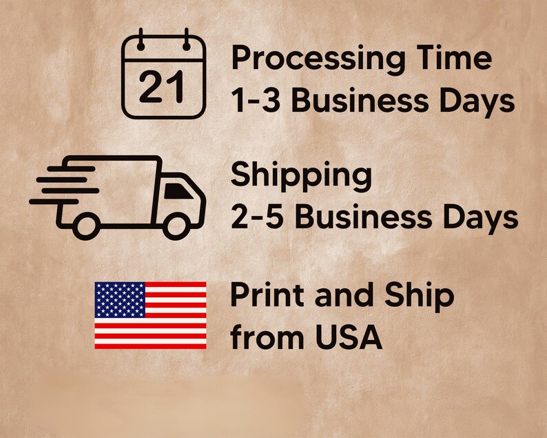 May include: Image with text indicating processing and shipping times. A calendar icon displays the number 21. Text states "Processing Time 1-3 Business Days" and "Shipping 2-5 Business Days." An American flag is also shown.
