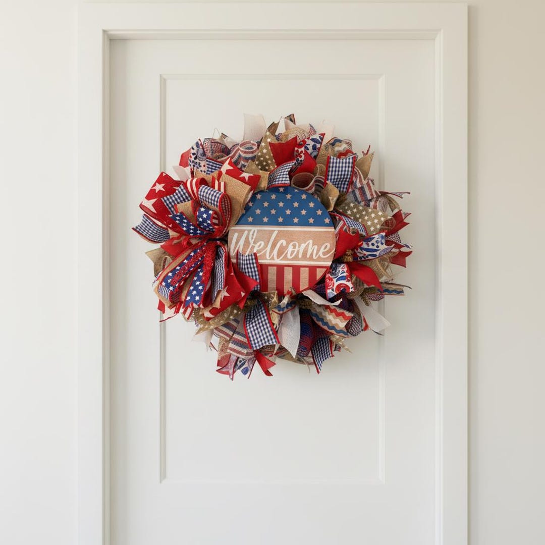 Patriotic Welcome Wreath for Front Door | Red White Blue Rustic ...