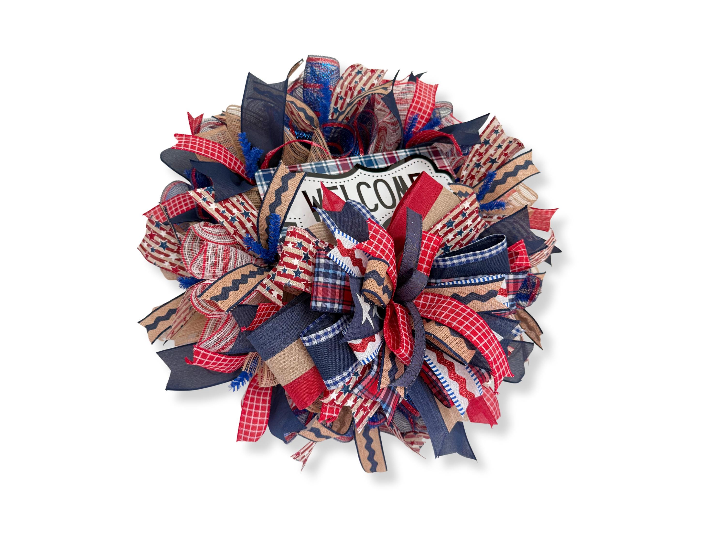 Patriotic Welcome Wreath: Rustic Americana Burlap Ribbon Door Decor - Etsy