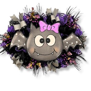 Handmade Bat Halloween Wreath, Cute Purple and Black Fall Decor, Spooky Door Decoration, Gothic Bat Wreath for Halloween