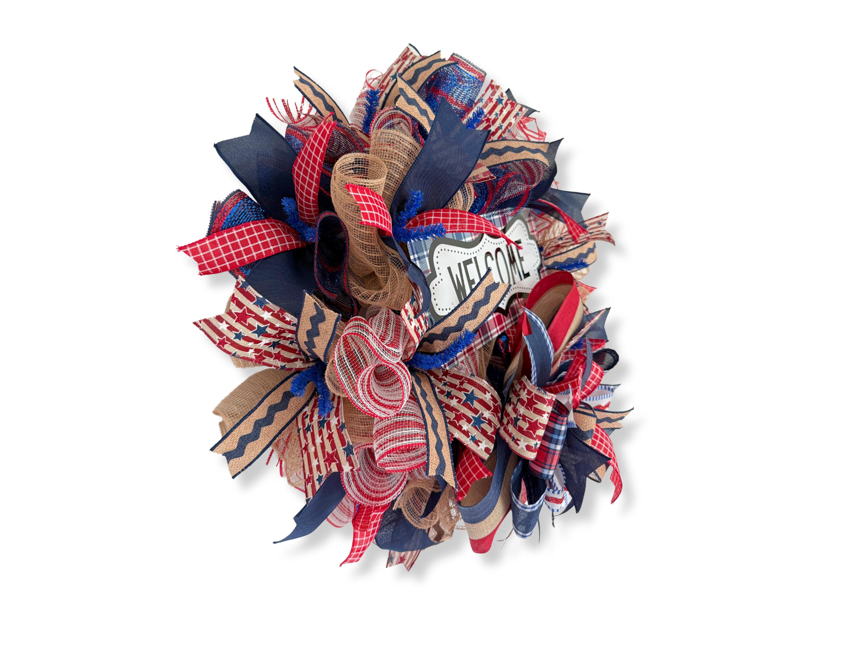 Patriotic Welcome Wreath: Rustic Americana Burlap Ribbon Door Decor - Etsy