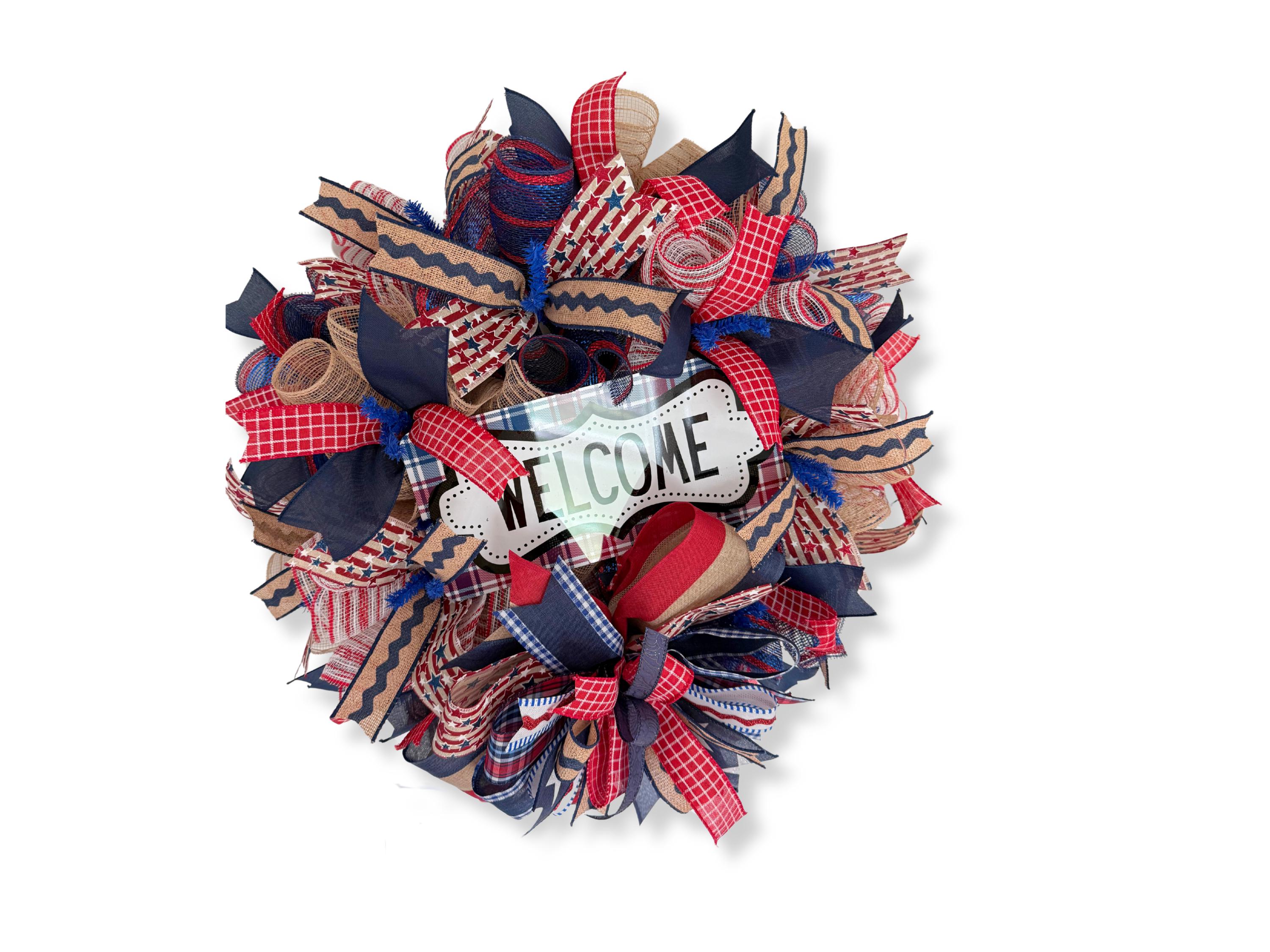 Patriotic Welcome Wreath: Rustic Americana Burlap Ribbon Door Decor - Etsy