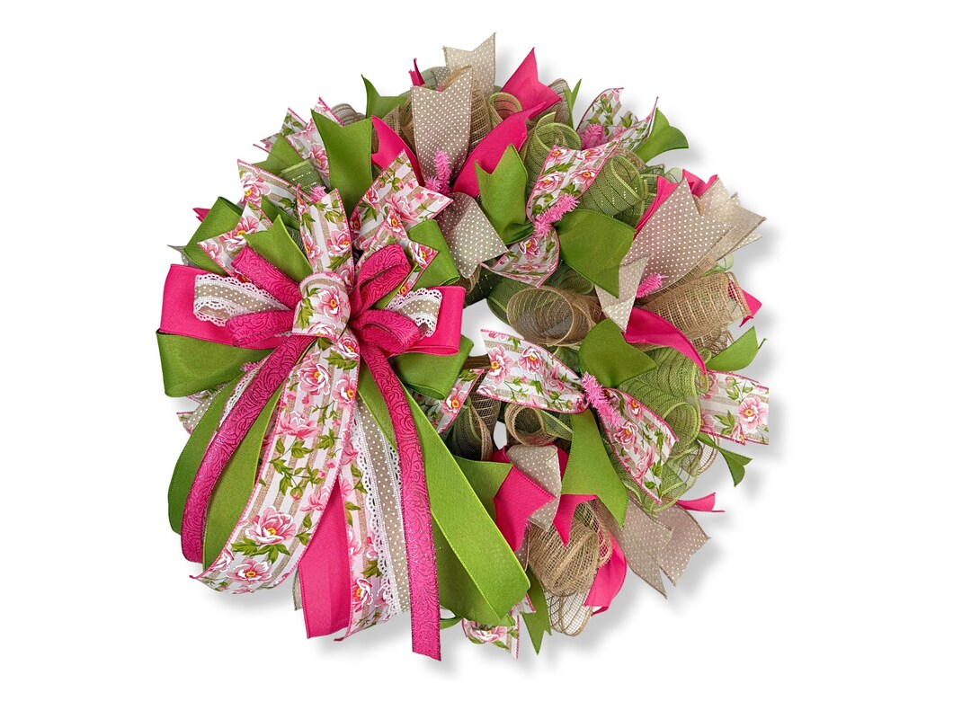 Handmade Spring Floral Wreath – Pink Roses, Green Accents & Bow - Etsy