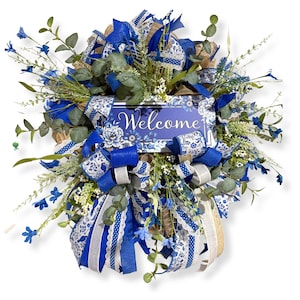 Blue Chinoiserie Welcome Wreath: Elegant Farmhouse Porch Decor