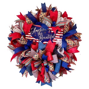 Handmade Patriotic Wreath, America the Beautiful Sign, Fourth of July Decor, Memorial Day Wreath, Red White Blue Door Decoration