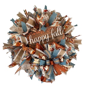 Happy Fall Wreath, Rustic Autumn Door Decor, Handmade Burlap & Ribbon Wreath, Farmhouse Fall Front Door Decoration, Fall Sign