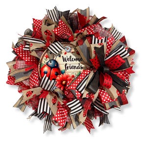 Ladybug Welcome Wreath: Red Black Polka Dot Spring Door Decor