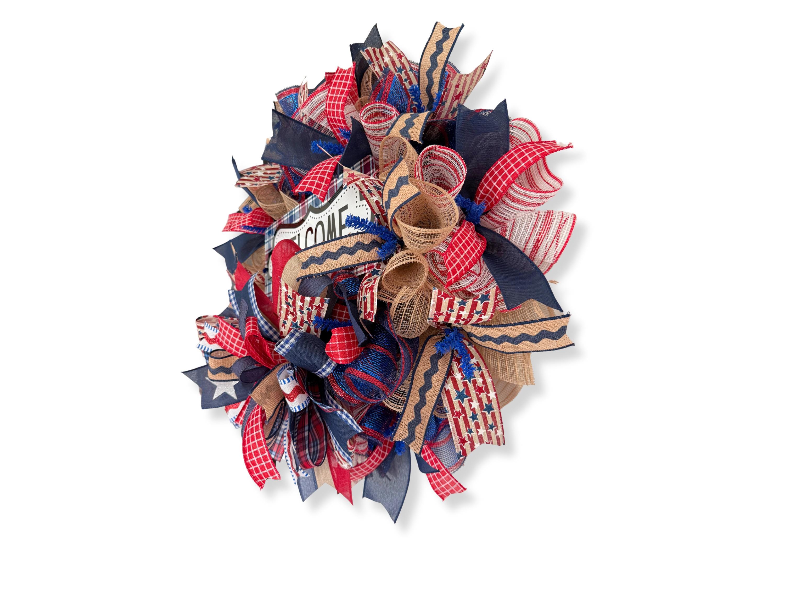 Patriotic Welcome Wreath: Rustic Americana Burlap Ribbon Door Decor - Etsy