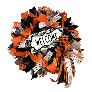 Halloween Welcome Wreath for Front Door, Orange Black White Mesh Wreath, Spooky Polka Dot Ribbon Decor, Fall Porch Decoration