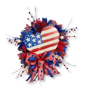 Patriotic Heart Wreath with American Flag, 4th of July Front Door Decor, Red White Blue Mesh Wreath, Memorial Day Summer Wreath