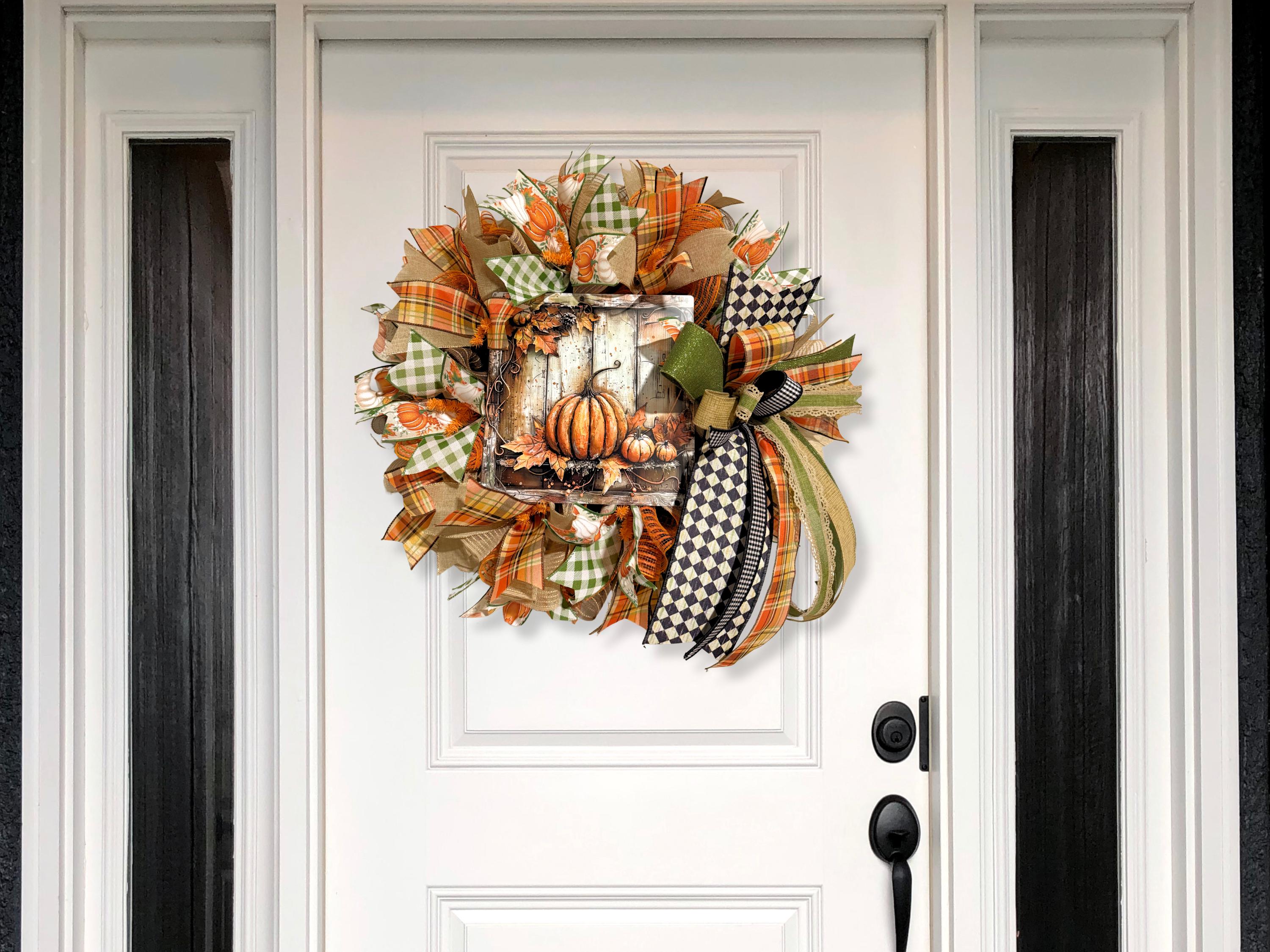 大きめ】【ウェルカムリース・玄関】実りの秋の収穫祭＊ハロウィン 大きめ】【ウェルカムリース・玄関】 秋のリース 玄関用人工リース 花付き 感謝祭  ハロウィン 収穫祭 ホームデコレーション 秋のドアリース - 玄関ドア用パンプキンハロウィンリース | 造花ホームデコ 感謝祭飾り ファームハウス風収穫祭 屋内屋外用