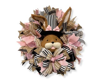 Handmade Easter Bunny Wreath: Pink Burlap Spring Decor