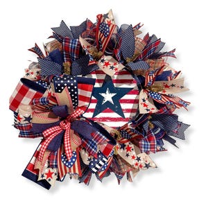 Handmade Patriotic Wreath: Americana Red White Blue Star Decor