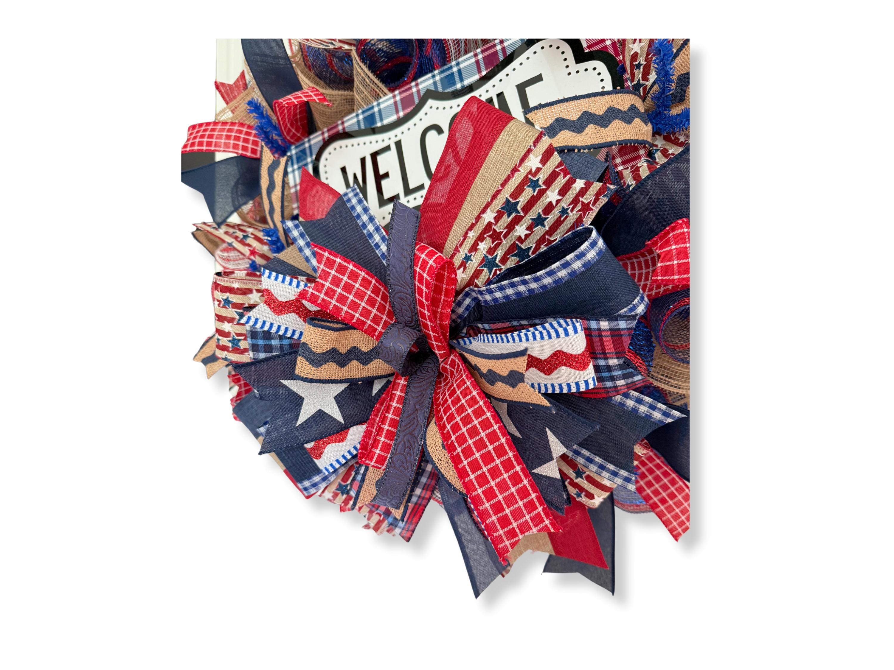 Patriotic Welcome Wreath: Rustic Americana Burlap Ribbon Door Decor - Etsy