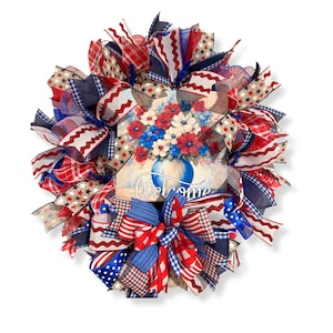 Patriotic Welcome Wreath: Red White Blue Floral Sign, Star Ribbons