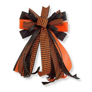 Black Orange Halloween Bow – Handmade Harlequin Wreath Bow – Door Lantern Accent
