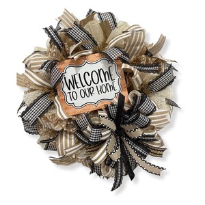Neutral Welcome Wreath – Everyday Farmhouse Front Door Decor, Black and Tan Gingham Bow Wreath, Rustic Year-Round Home Accent