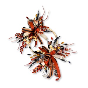 Handmade Fall Beaded Ring Wreath – Autumn Wall Decor with Mini Pumpkin Accents, Rustic Ribbon Bow, Farmhouse Front Door or Mantel Decoration