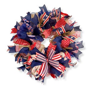 Patriotic Wreath for Front Door – Red White and Blue Deco Mesh Wreath, 4th of July Wreath with Stars and Stripes Bows, Americana Door Decor