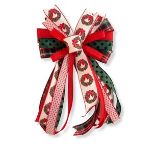 Christmas Wreath Bow, Red Green Holiday Tree Topper, Plaid and Polka Dot Ribbon Bow for Wreaths or Gifts
