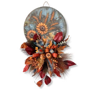 Appendino per porta autunnale fatto a mano con girasoli, foglie rustiche del raccolto e fiocco scozzese - Decorazione murale autunnale, ghirlanda del Ringraziamento
