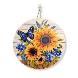 Sunflower Butterfly Door Hanger: Rustic Floral Summer Decor