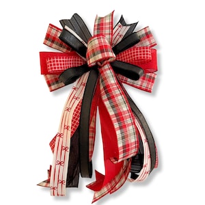 Red Black Plaid Christmas Bow, Farmhouse Holiday Tree Topper, Rustic Wreath Bow Decoration