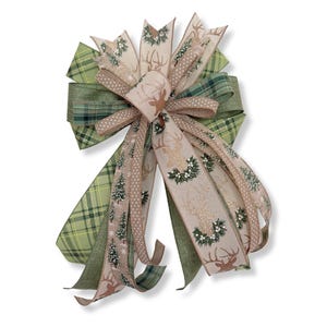 Rustic Christmas Bow, Green Gold Deer Plaid Tree Topper, Farmhouse Wreath Bow, Woodland Holiday Decor