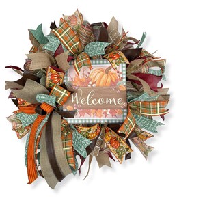 Fall Welcome Wreath, Pumpkins, Burlap Ribbon, Thanksgiving Decor