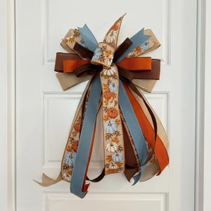 Fall Wreath Bow with Pumpkin Ribbon | Farmhouse Rustic Dusty Blue Burnt Orange Multi-Loop Burlap Streamer Bow